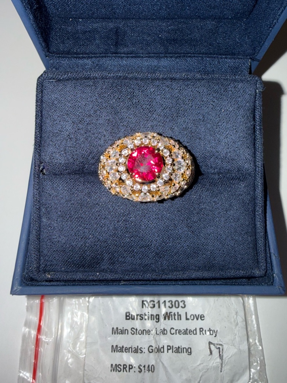 Bomb Party SIZE 7 RG11303 “Bursting With Love” Lab Created Ruby on Gold Plating